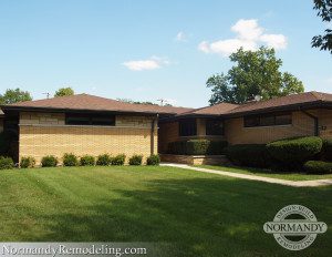 Brick, ranch style home, also known as mid-century modern Mid-century modern style home
