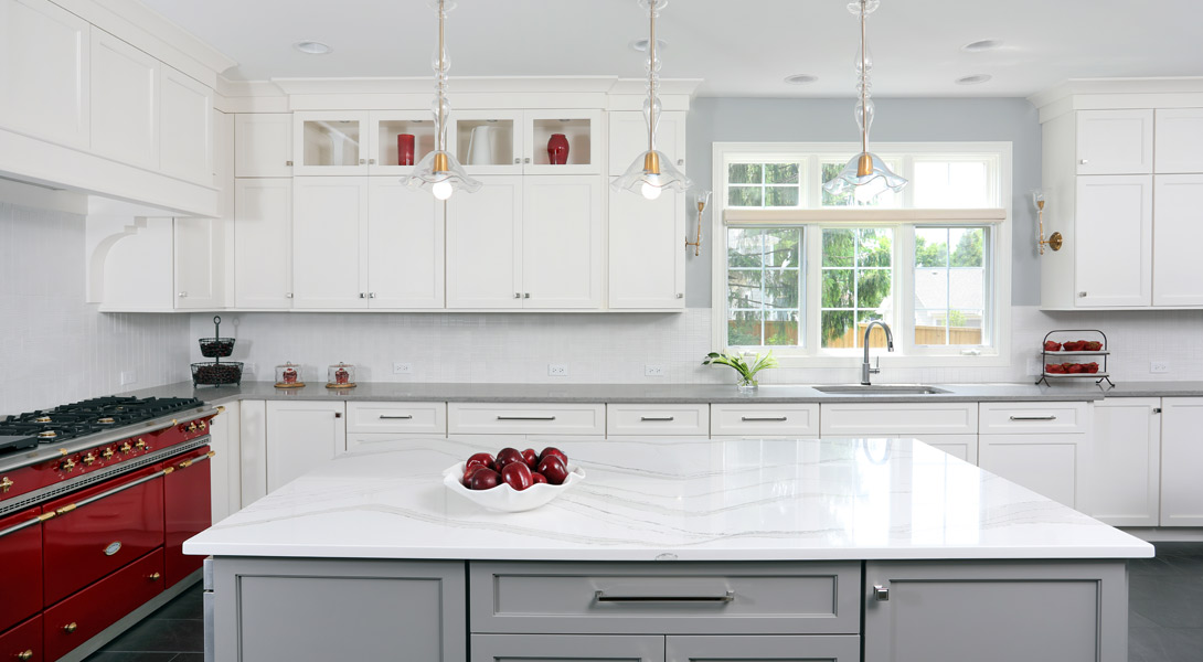 Gray And White Kitchen With Red Stove Normandy Remodeling