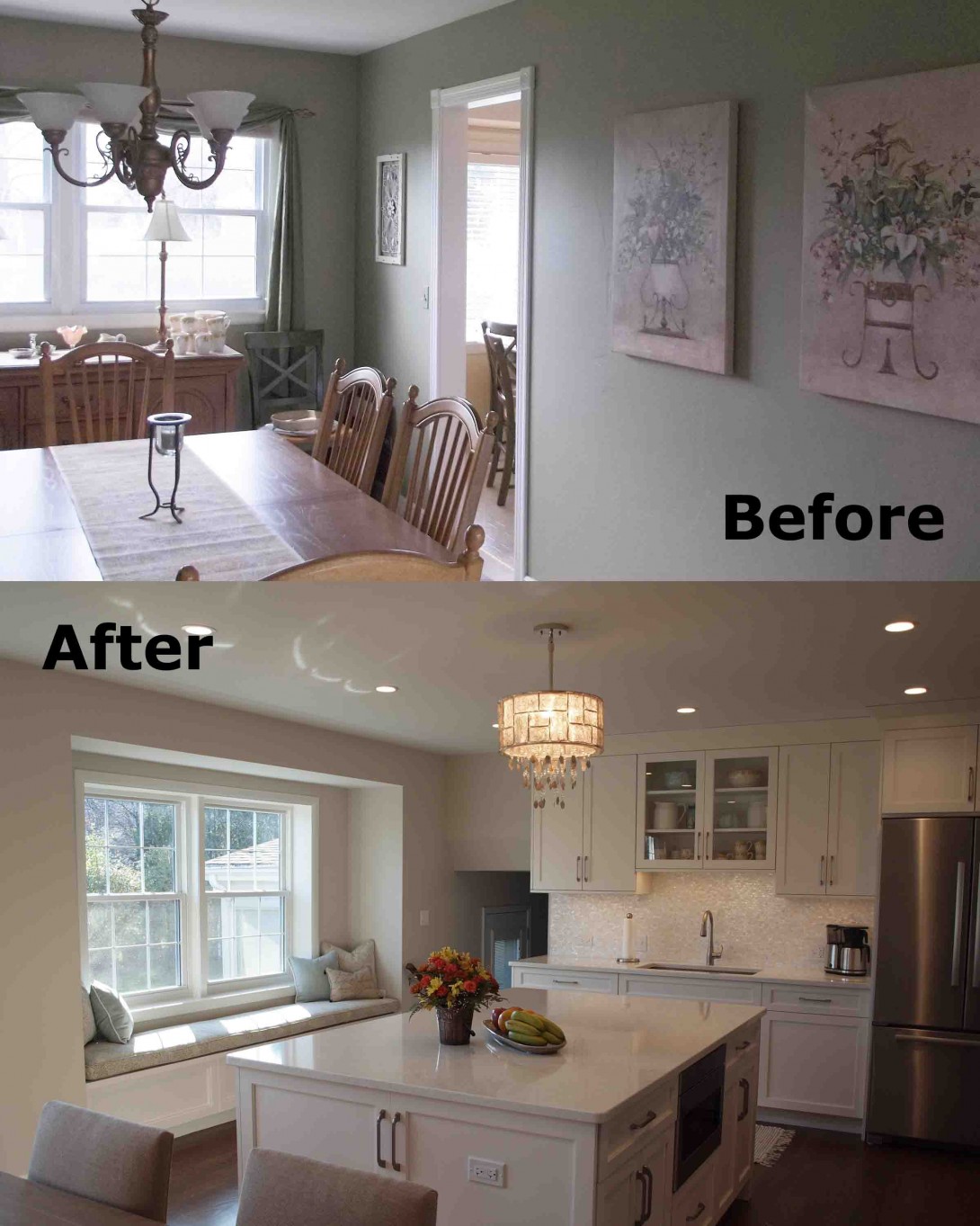 The space includes a large island with seating for two and a table for meals. There is also a