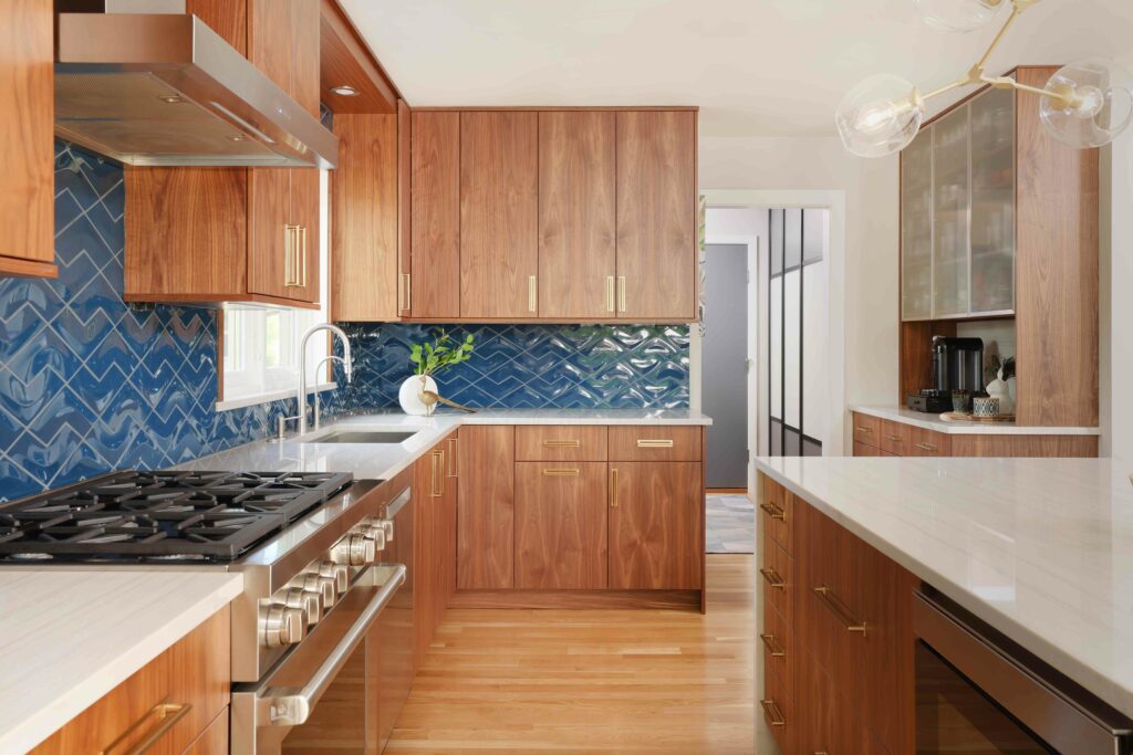 Mid Century Modern Walnut Kitchen with Cobalt Blue Accent Normandy